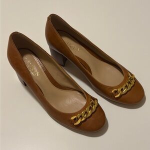 Ralph Lauren Brown Leather Heels with Gold Chain